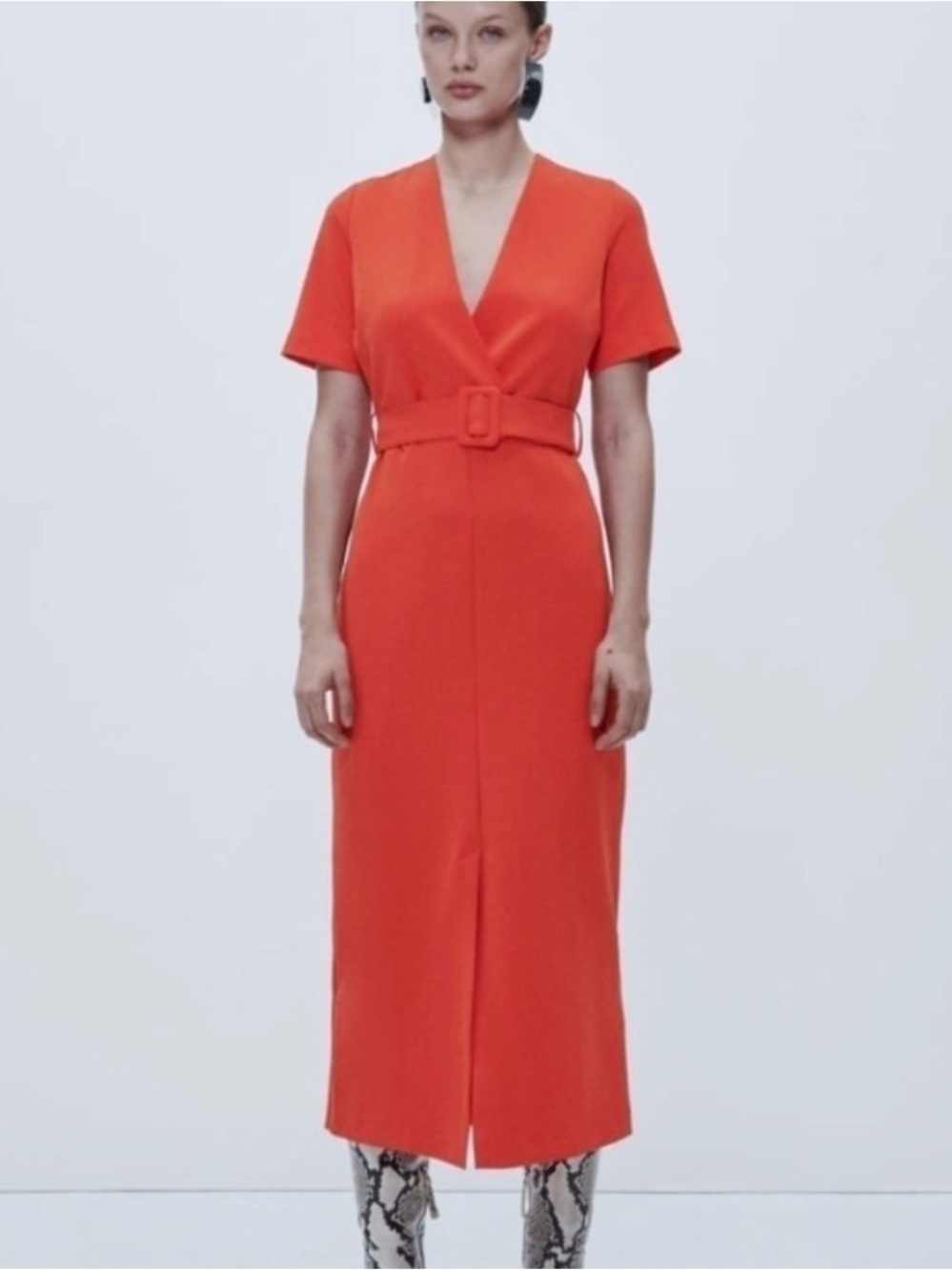 Zara Poppy Red V Neck Belted Midi Pencil Dress | L